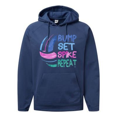 Girls Volleyball Bump Set Spike Repeat Blue Purple Teen Funny Gift Performance Fleece Hoodie