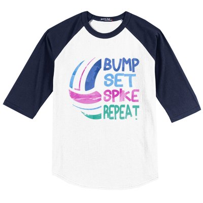 Girls Volleyball Bump Set Spike Repeat Blue Purple Teen Funny Gift Baseball Sleeve Shirt