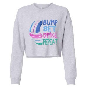 Girls Volleyball Bump Set Spike Repeat Blue Purple Teen Funny Gift Cropped Pullover Crew