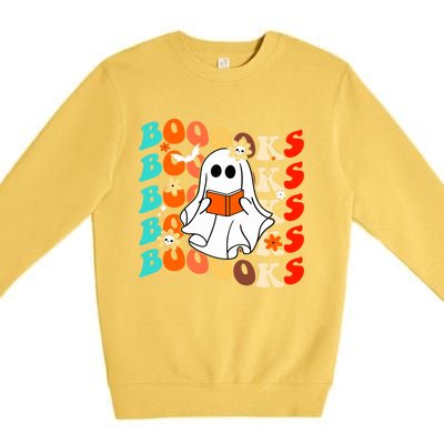 Groovy Vintage Boooks Ghost Halloween Teacher Book Reading Cool Gift Premium Crewneck Sweatshirt