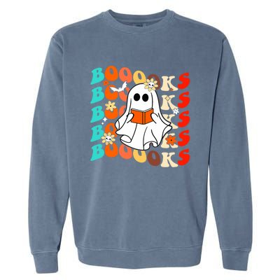 Groovy Vintage Boooks Ghost Halloween Teacher Book Reading Cool Gift Garment-Dyed Sweatshirt