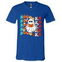 Groovy Vintage Boooks Ghost Halloween Teacher Book Reading Cool Gift V-Neck T-Shirt