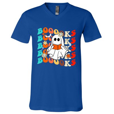 Groovy Vintage Boooks Ghost Halloween Teacher Book Reading Cool Gift V-Neck T-Shirt