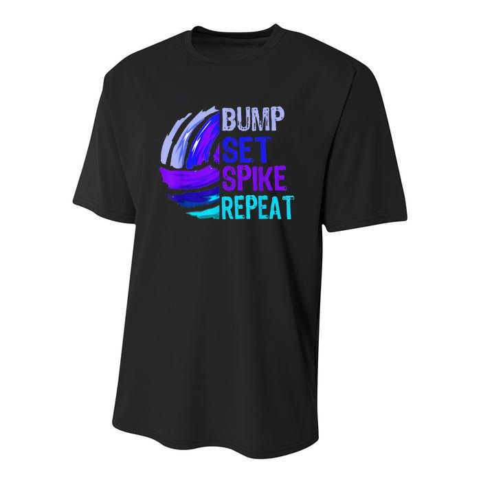 Girls Volleyball Bump Set Spike Repeat Blue Purple Youth Performance Sprint T-Shirt