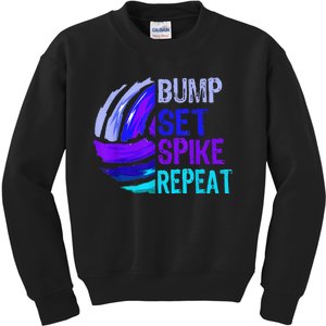 Girls Volleyball Bump Set Spike Repeat Blue Purple Kids Sweatshirt