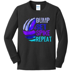 Girls Volleyball Bump Set Spike Repeat Blue Purple Kids Long Sleeve Shirt