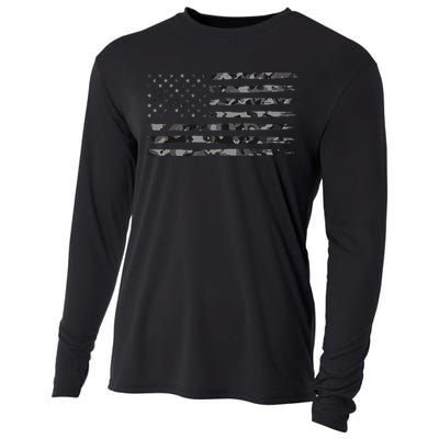 Grey Vintage Camo American Flag Cooling Performance Long Sleeve Crew