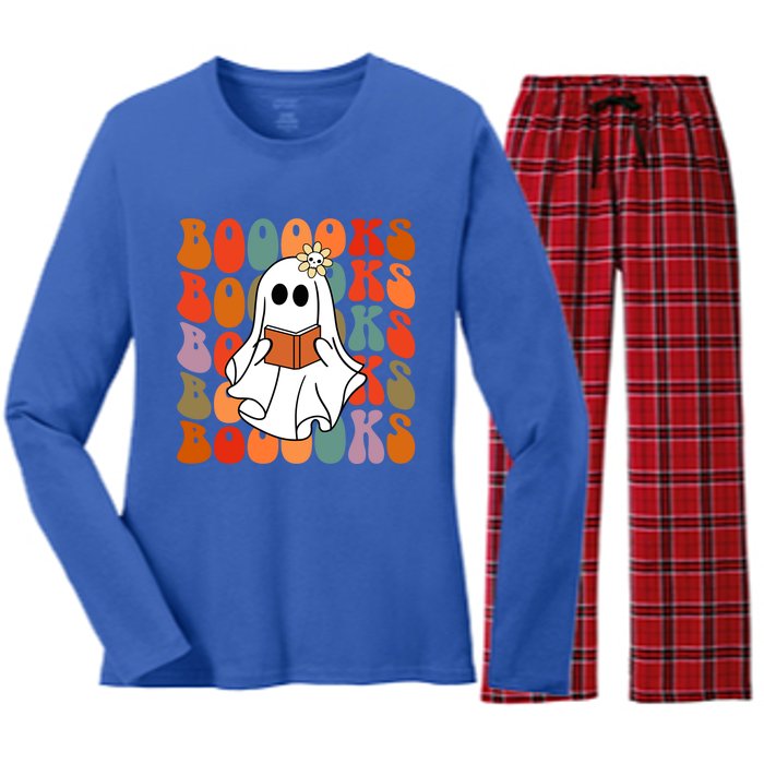 Groovy Vintage Cute Ghost Book Reading Halloween Teacher Cute Gift Women's Long Sleeve Flannel Pajama Set 