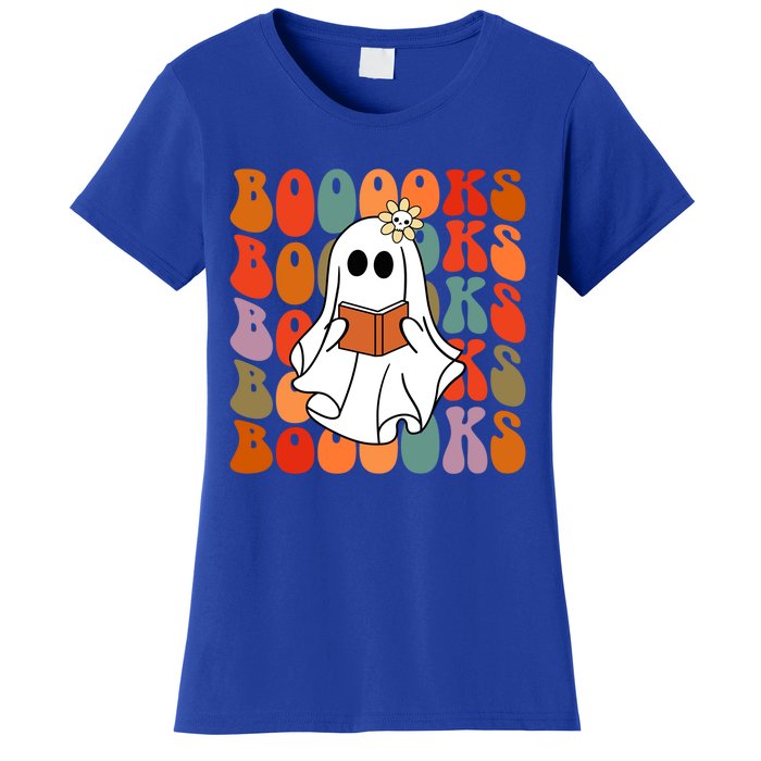 Groovy Vintage Cute Ghost Book Reading Halloween Teacher Cute Gift Women's T-Shirt