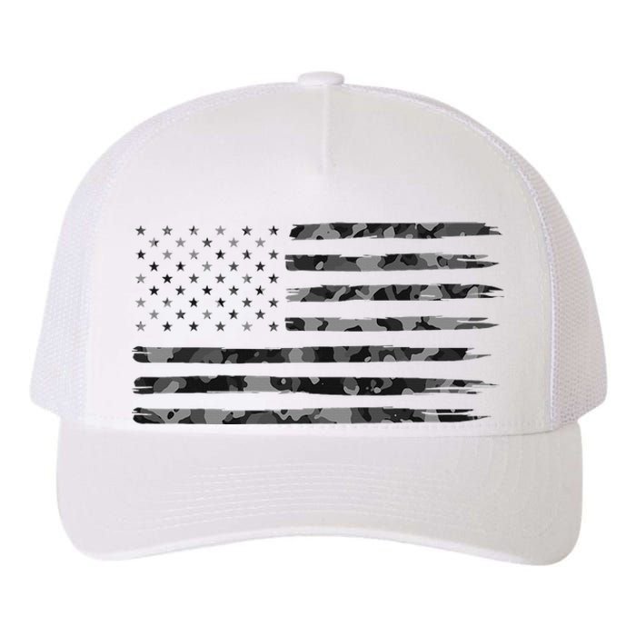 Grey Vintage Camo American Flag Yupoong Adult 5-Panel Trucker Hat