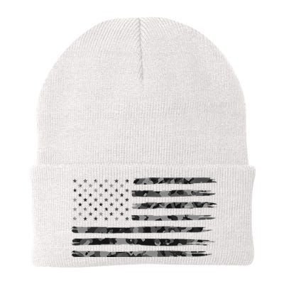 Grey Vintage Camo American Flag Knit Cap Winter Beanie