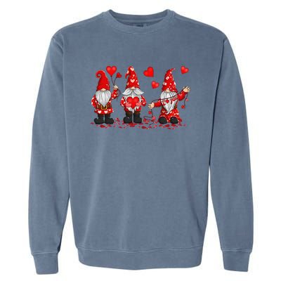 Gnome Valentines Day Three Gromies Love Heartss Womens Garment-Dyed Sweatshirt