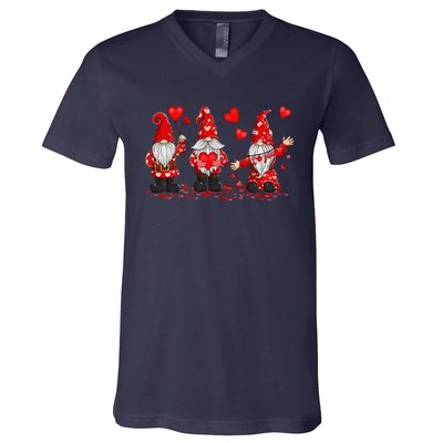 Gnome Valentines Day Three Gromies Love Heartss Womens V-Neck T-Shirt