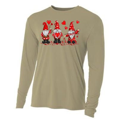 Gnome Valentines Day Three Gromies Love Heartss Womens Cooling Performance Long Sleeve Crew