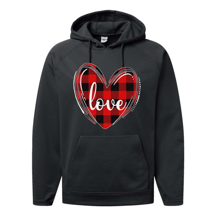 Girls Valentines Day Shirts Funny Hearts Love Buffalo Plaid Performance Fleece Hoodie