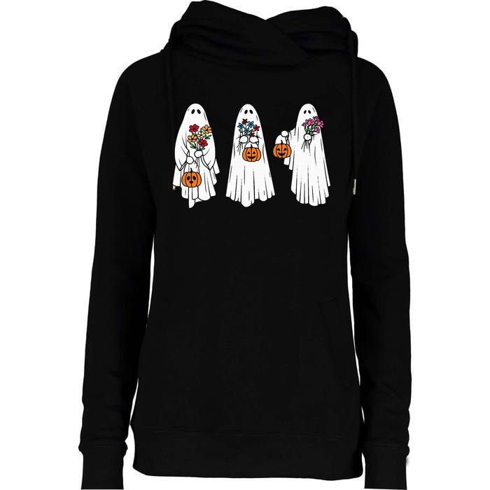 Groovy Vintage Floral Ghost Cute Halloween Spooky Season Womens Funnel Neck Pullover Hood