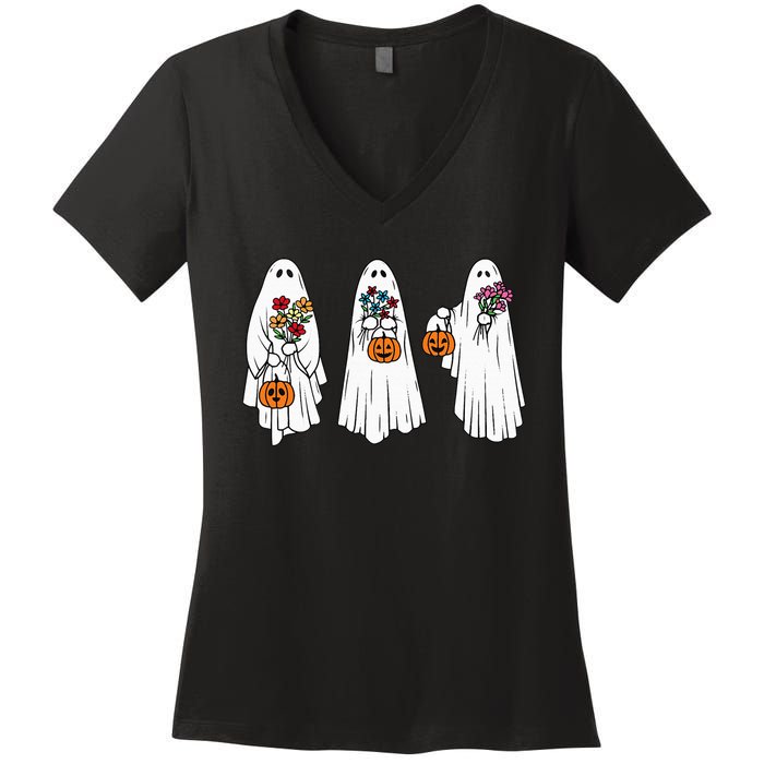 Groovy Vintage Floral Ghost Cute Halloween Spooky Season Women's V-Neck T-Shirt