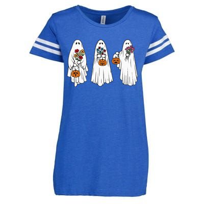 Groovy Vintage Floral Ghost Cute Halloween Spooky Season Enza Ladies Jersey Football T-Shirt