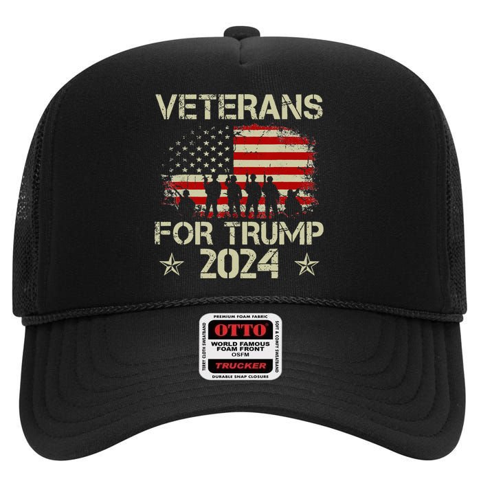 Grandpa Veterans For Trump 2024 American Flag 4th Of July High Crown Mesh Back Trucker Hat