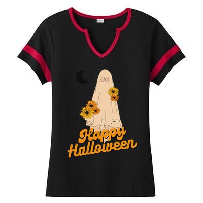 Groovy Vintage Floral Ghost Cute Halloween Spooky SeasonFunny Love Ladies Halftime Notch Neck Tee