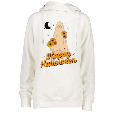 Groovy Vintage Floral Ghost Cute Halloween Spooky SeasonFunny Love Womens Funnel Neck Pullover Hood