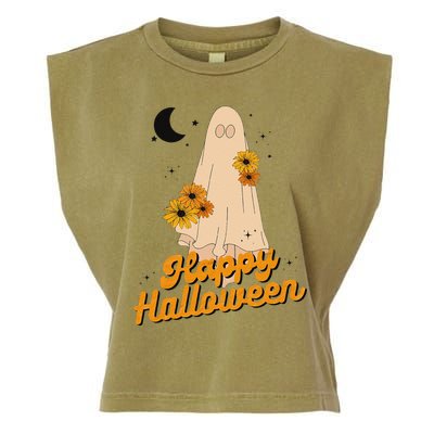 Groovy Vintage Floral Ghost Cute Halloween Spooky SeasonFunny Love Garment-Dyed Women's Muscle Tee