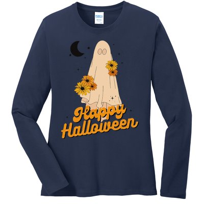 Groovy Vintage Floral Ghost Cute Halloween Spooky SeasonFunny Love Ladies Long Sleeve Shirt