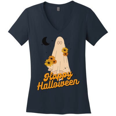 Groovy Vintage Floral Ghost Cute Halloween Spooky SeasonFunny Love Women's V-Neck T-Shirt