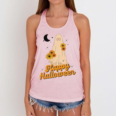 Groovy Vintage Floral Ghost Cute Halloween Spooky SeasonFunny Love Women's Knotted Racerback Tank