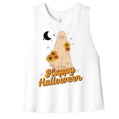 Groovy Vintage Floral Ghost Cute Halloween Spooky SeasonFunny Love Women's Racerback Cropped Tank