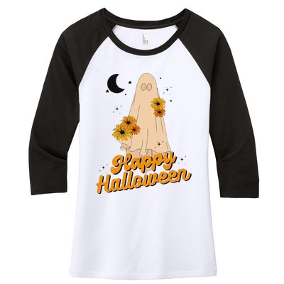 Groovy Vintage Floral Ghost Cute Halloween Spooky SeasonFunny Love Women's Tri-Blend 3/4-Sleeve Raglan Shirt