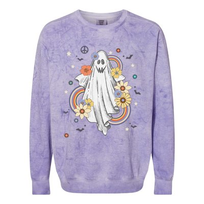 Groovy Vintage Floral Ghost Hippie Halloween Spooky Season Colorblast Crewneck Sweatshirt