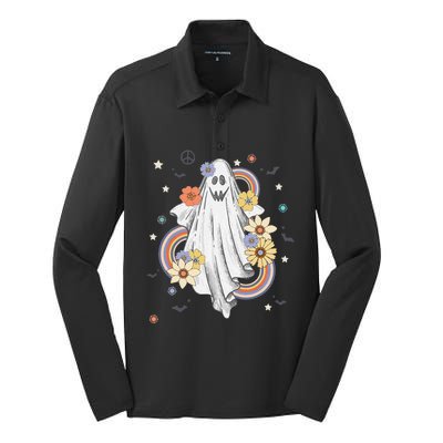 Groovy Vintage Floral Ghost Hippie Halloween Spooky Season Silk Touch Performance Long Sleeve Polo