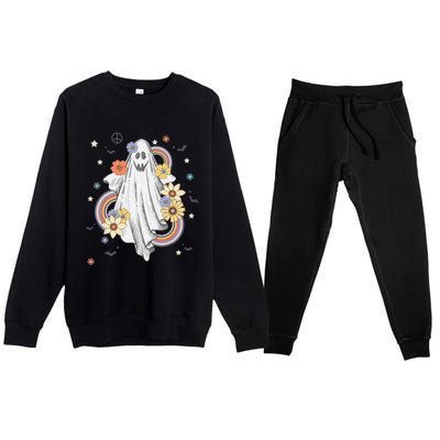 Groovy Vintage Floral Ghost Hippie Halloween Spooky Season Premium Crewneck Sweatsuit Set