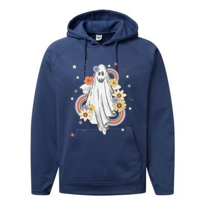 Groovy Vintage Floral Ghost Hippie Halloween Spooky Season Performance Fleece Hoodie