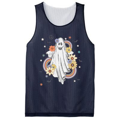 Groovy Vintage Floral Ghost Hippie Halloween Spooky Season Mesh Reversible Basketball Jersey Tank