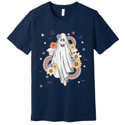 Groovy Vintage Floral Ghost Hippie Halloween Spooky Season Premium T-Shirt