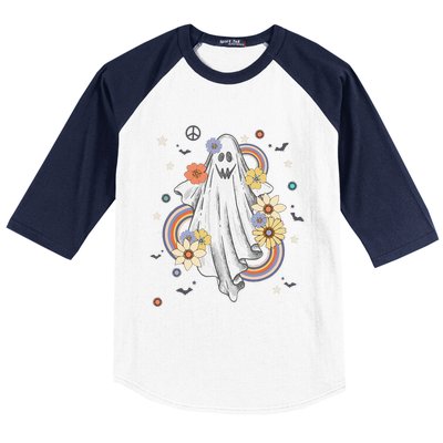 Groovy Vintage Floral Ghost Hippie Halloween Spooky Season Baseball Sleeve Shirt