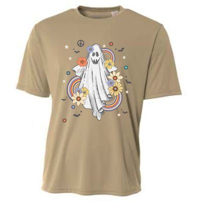 Groovy Vintage Floral Ghost Hippie Halloween Spooky Season Cooling Performance Crew T-Shirt