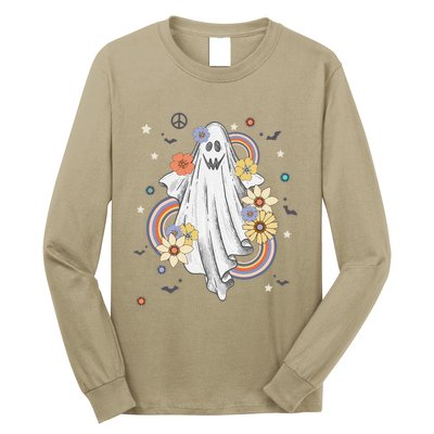 Groovy Vintage Floral Ghost Hippie Halloween Spooky Season Long Sleeve Shirt