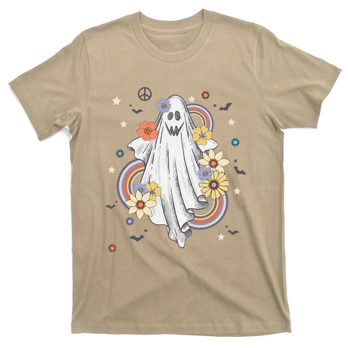 Groovy Vintage Floral Ghost Hippie Halloween Spooky Season T-Shirt