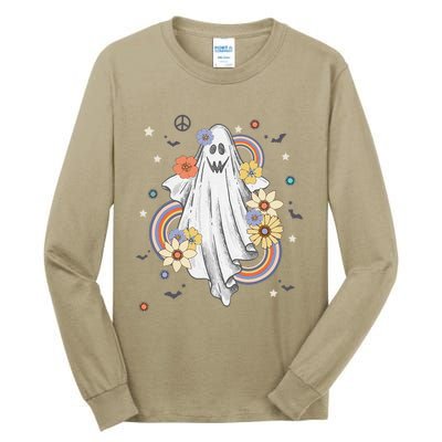 Groovy Vintage Floral Ghost Hippie Halloween Spooky Season Tall Long Sleeve T-Shirt