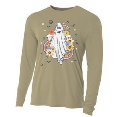 Groovy Vintage Floral Ghost Hippie Halloween Spooky Season Cooling Performance Long Sleeve Crew