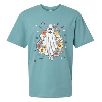 Groovy Vintage Floral Ghost Hippie Halloween Spooky Season Sueded Cloud Jersey T-Shirt