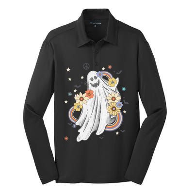 Groovy Vintage Floral Ghost Hippie Spooky Halloween Silk Touch Performance Long Sleeve Polo