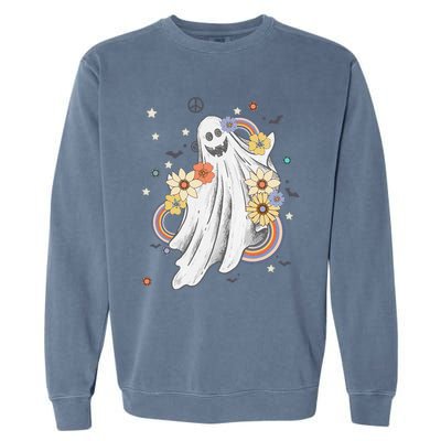 Groovy Vintage Floral Ghost Hippie Spooky Halloween Garment-Dyed Sweatshirt