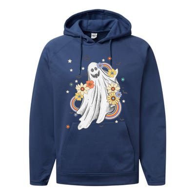 Groovy Vintage Floral Ghost Hippie Spooky Halloween Performance Fleece Hoodie