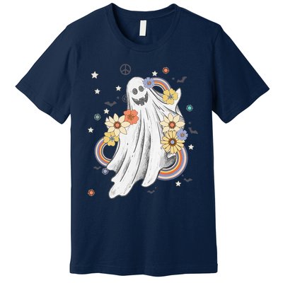 Groovy Vintage Floral Ghost Hippie Spooky Halloween Premium T-Shirt