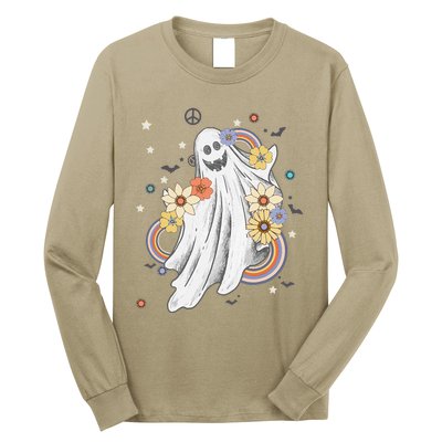 Groovy Vintage Floral Ghost Hippie Spooky Halloween Long Sleeve Shirt