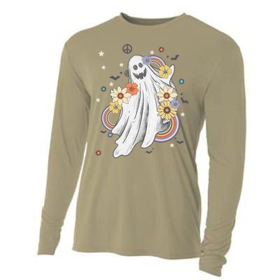 Groovy Vintage Floral Ghost Hippie Spooky Halloween Cooling Performance Long Sleeve Crew